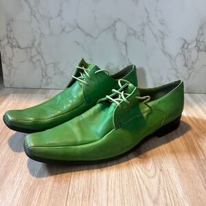 John Fluevog Green Square Toe Leather Dress Shoes Lace Up Formal Party Unique